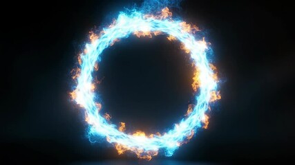 Circular ring of vibrant blue and orange flames glowing in darkness, digital style, on black background, concept of power and energy portal