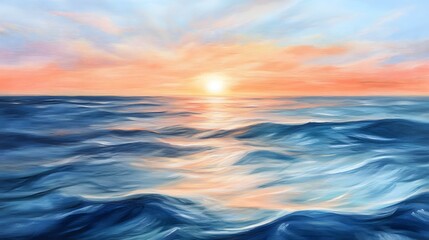 Fototapeta premium Ocean Sunset: Capturing the serenity of the endless horizon where the sun dips into the calm sea, painting the sky with fiery hues, reflecting the sun's golden path