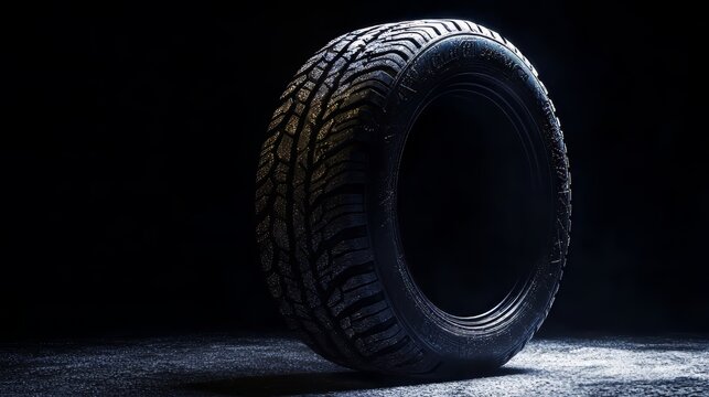 Dark image of a tire for a car. Studio shot with dramatic lighting.