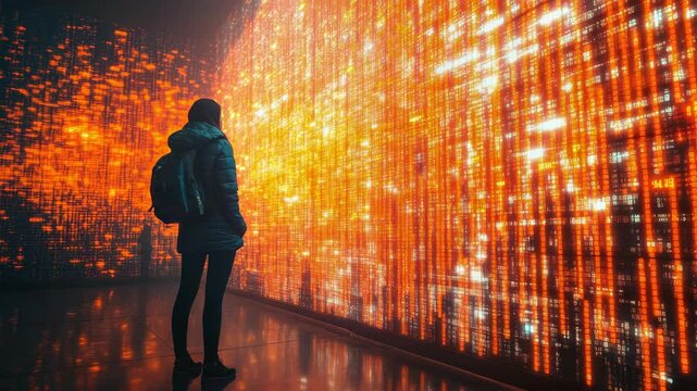 A person in dark clothing stands before a glowing orange and blue digital wall, in a futuristic setting, symbolizing data, technology, and cyberspace