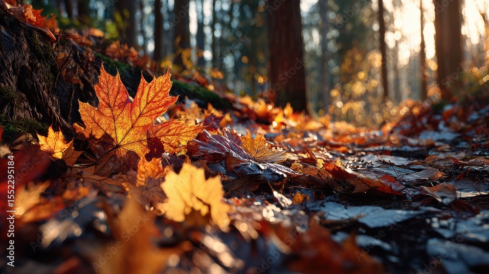 Poster autumn sunlight illuminates fallen leaves on forest floor in late afternoon, creating a serene and g