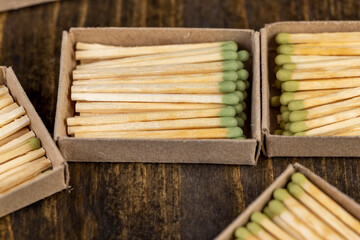 matchboxes with matches close up, open matchboxes with new matches made of natural wood