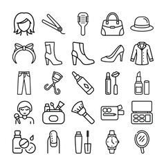 Collection of Fashion and Beauty Icons in Outline Style on a White Background