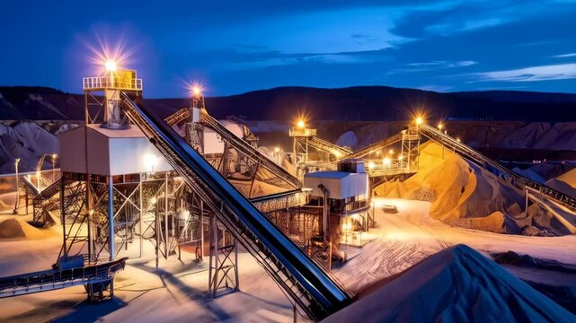 Evening view of a quarry with illuminated towers and piles of stone, conveyor belts and industrial equipment at dusk, mountain landscape.