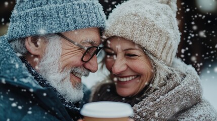 An elderly couple shares a joyful moment as they embrace in a snowy winter landscape, surrounded by falling snowflakes, radiating warmth and love in the cold environment.