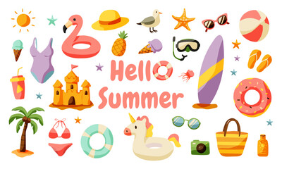 A colorful image of beach items and a pink and white text that says 