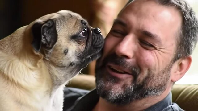 Bearded Man Laughing While Pug Licks His Face in Affectionate Moment