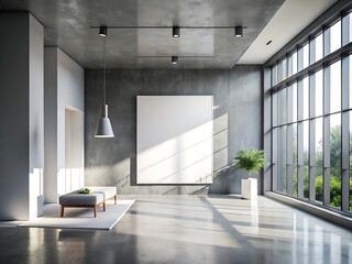 Fototapeta premium A modern minimalist room features a large blank canvas on a concrete wall, sunlight streaming through expansive windows, and a stylish grey sofa