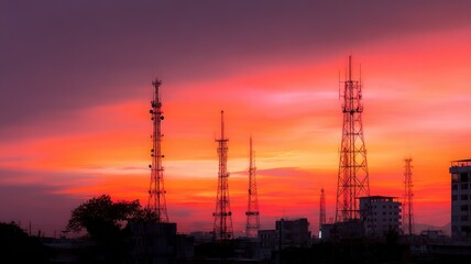 Sunset skyline with silhouetted communication towers. Neural network AI generated