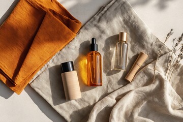 Luxury skincare products elegantly arranged on neutral linen fabric for aesthetic appeal