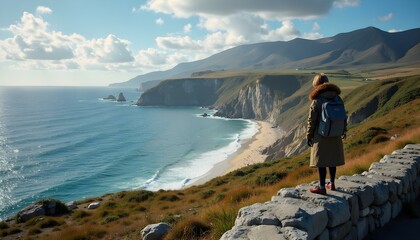 Fototapeta premium Woman standing on rocky coastline overlooking ocean and mountains 