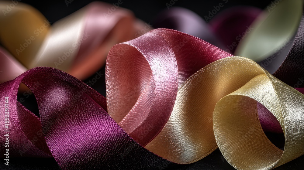 Aufkleber Colorful satin ribbons curling and intertwining on a dark surface, creating a textured and elegant composition with pink, gold, and purple hues