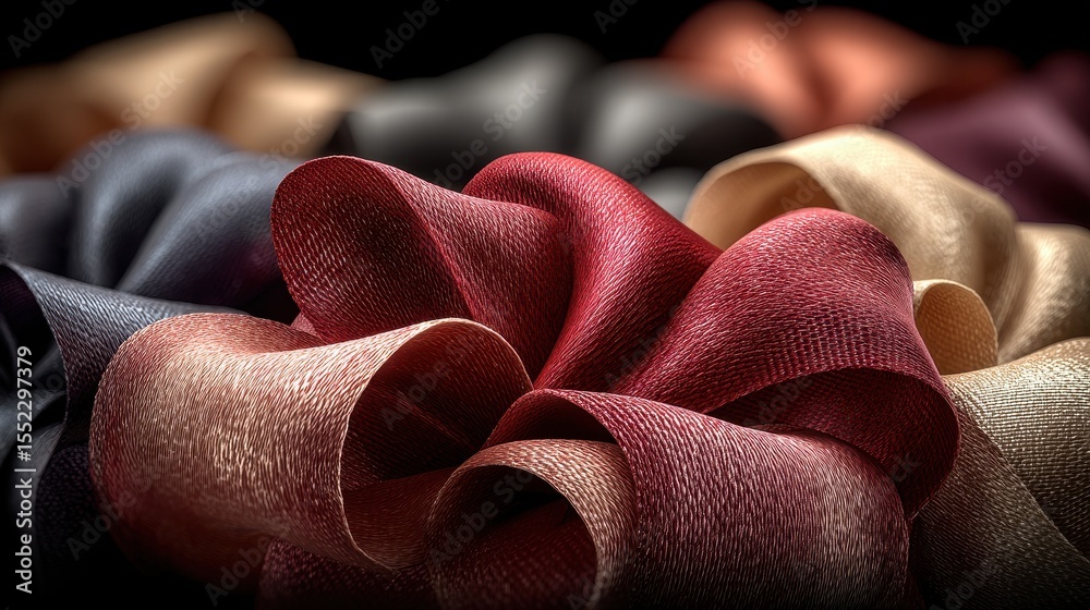 Fototapete colorful satin ribbons curling and intertwining on a dark surface, creating a textured and elegant c