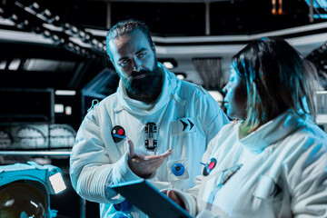 Astronauts doing brainstorming, conducting safety checks using tablet during long distance space travel. Starship colleagues talking, updating flight log during cosmic journey
