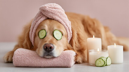 Golden retriever dog with towel on head relaxing during spa day for pet grooming and self-care. Animal welfare concept. On pink background. With cucumber mask.