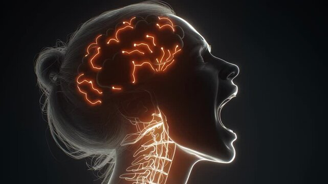 Neural networks lighting up with intense orange hues, depicting growing brain activity visualizing psychological distress inside woman's cranial region during emotional upheaval