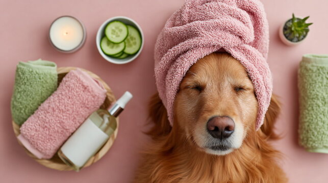 Golden retriever dog with towel on head relaxing during spa day for pet grooming and self-care. Animal welfare concept. On pink background. With cucumber mask.