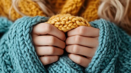 Close-up image of hands holding a warm, knitted sweater, showcasing the comforting feeling of warmth and coziness that comes with winter clothing and seasonal comforts.