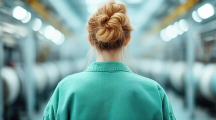 Fototapeta premium A woman stands in an industrial space, gazing ahead, with her hair styled in a bun, exuding confidence and a modern aesthetic amidst a factory backdrop.