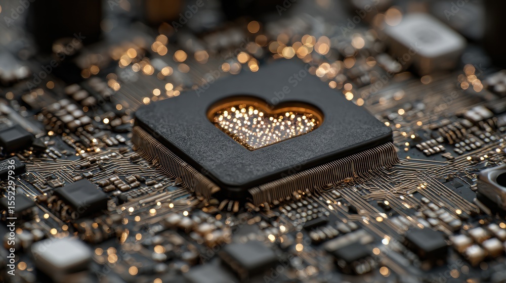 Poster heart shaped technology concept featuring glowing light inside microchip symbolizing love for artifi