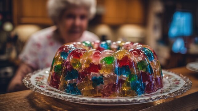 Sweet glossy delicacy: jelly dessert, sugary blend, fruity mixture, smooth surface, sticky texture, chilled portion, molded shape, vibrant hue, tasty creation, soft wobble, colorful treat