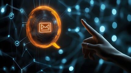 Hand Pointing Towards a Luminous Orange Chat Bubble Icon with an Email Symbol, Representing Digital Communication