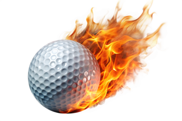 White golf ball engulfed in bright orange and yellow flames on a black background isolated on a transparent background