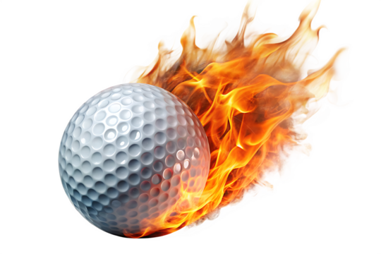 White golf ball engulfed in bright orange and yellow flames on a black background isolated on a transparent background