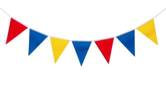 Colorful party pennant bunting flags, isolated on transparent background