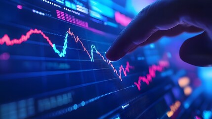 Finger Interacting with a Fluctuating Digital Stock Market Graph Displaying Trends