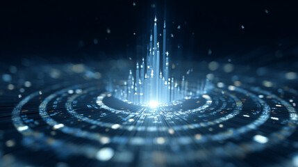 Digital Burst: An abstract digital art piece features a vibrant burst of light emanating from a central point, surrounded by concentric circles of glowing particles.