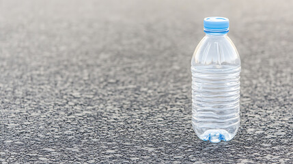 Plastic water bottle with blue cap sitting on gray pavement. The bottle is mostly empty with just a bit of water at the bottom of the bottle.