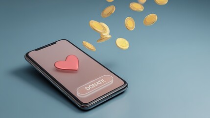 Online Donation Mobile App Interface Design Golden Coins Falling Heart Shape Donate Button Digital Technology Modern Charity Concept Smartphone Screen Application Charity Giving