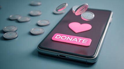 Online Donation App Mobile Phone Screen Pink Heart Coins Charity Giving Support Help Kindness Generous Donate Digital Technology Modern Interface Application Care Love Hope Good