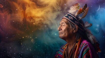 Psychedelic vision of a shaman in deep meditation, colorful aura and cosmic background, 