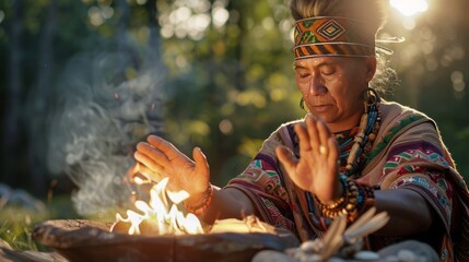 Shaman dressed in traditional tribal attire, chanting around a crackling fire, 