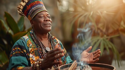 Shaman dressed in traditional tribal attire, chanting around a crackling fire, 