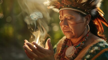 Shaman dressed in traditional tribal attire, chanting around a crackling fire, 