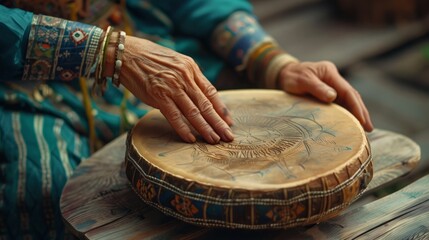 Shaman playing a hand-carved drum, close-up of their weathered hands, 
