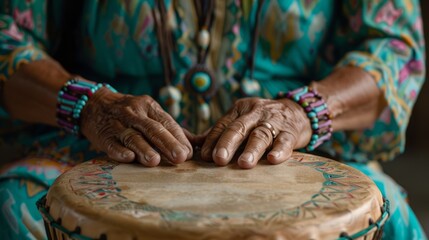 Shaman playing a hand-carved drum, close-up of their weathered hands,