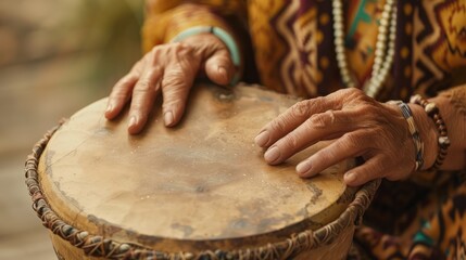 Shaman playing a hand-carved drum, close-up of their weathered hands, 