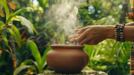 Shaman preparing ayahuasca brew in a jungle setting, steam rising from a clay pot, 