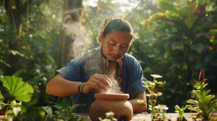 Shaman preparing ayahuasca brew in a jungle setting, steam rising from a clay pot, 
