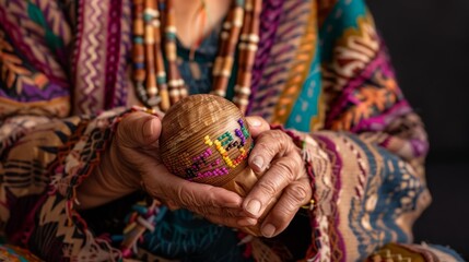 Shaman shaking a ceremonial rattle, intricate beadwork details, 
