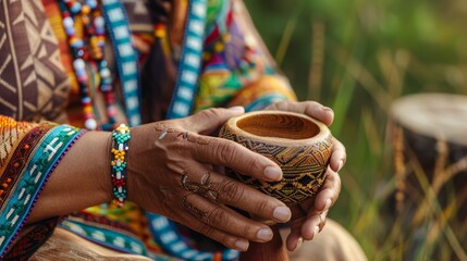 Shaman shaking a ceremonial rattle, intricate beadwork details,