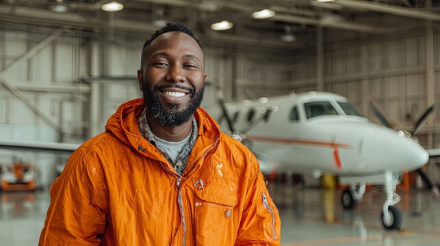 Happy African American Male Pilot in Orange Jacket Airplane Hangar Aviation Professional Portrait Smiling Confident Successful Air Travel Transportation Industry Man Job Crew Team 