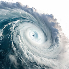 Aerial view of a powerful swirling hurricane with a visible eye over dark blue ocean water isolated on a transparent background