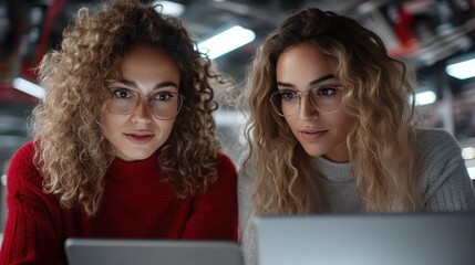 An engaging moment captured between two women with curly hair, intently reviewing digital content, highlighting collaboration, shared enthusiasm, and the power of teamwork in modern creativity.