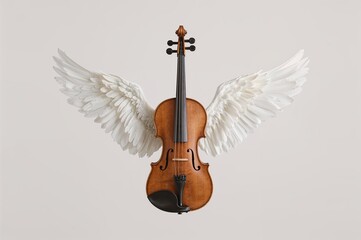 Wooden Violin with White Angel Wings on Neutral Background