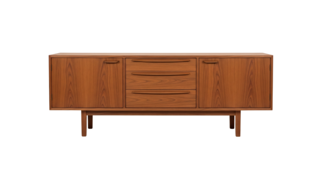 Mid-century wooden sideboard cabinet, isolated on transparent background